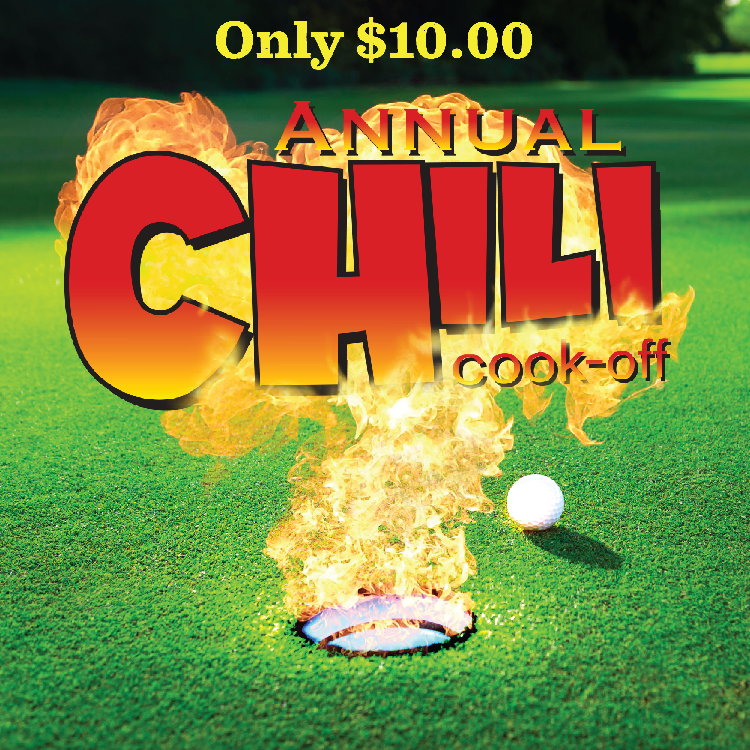 Chili Cook-off 2023 headline on image of flames shooting out of a golf hole