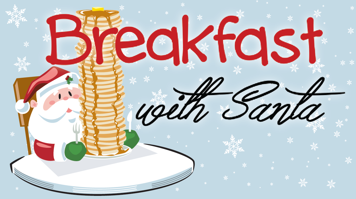 Santa with a large stack of Pancakes and Headline Breakfast With Santa
